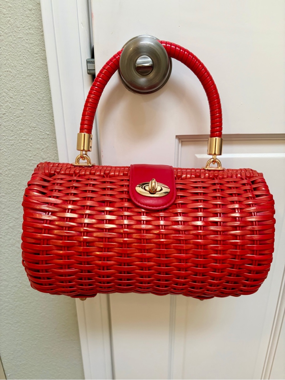 Pinup Couture Red Woven Top-Handle Baguette Bag